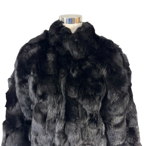 Black Rabbit Fur Coat Jacket Oversized Sleeves Size M Zip Front Vintage 1980s - Picture 3 of 8